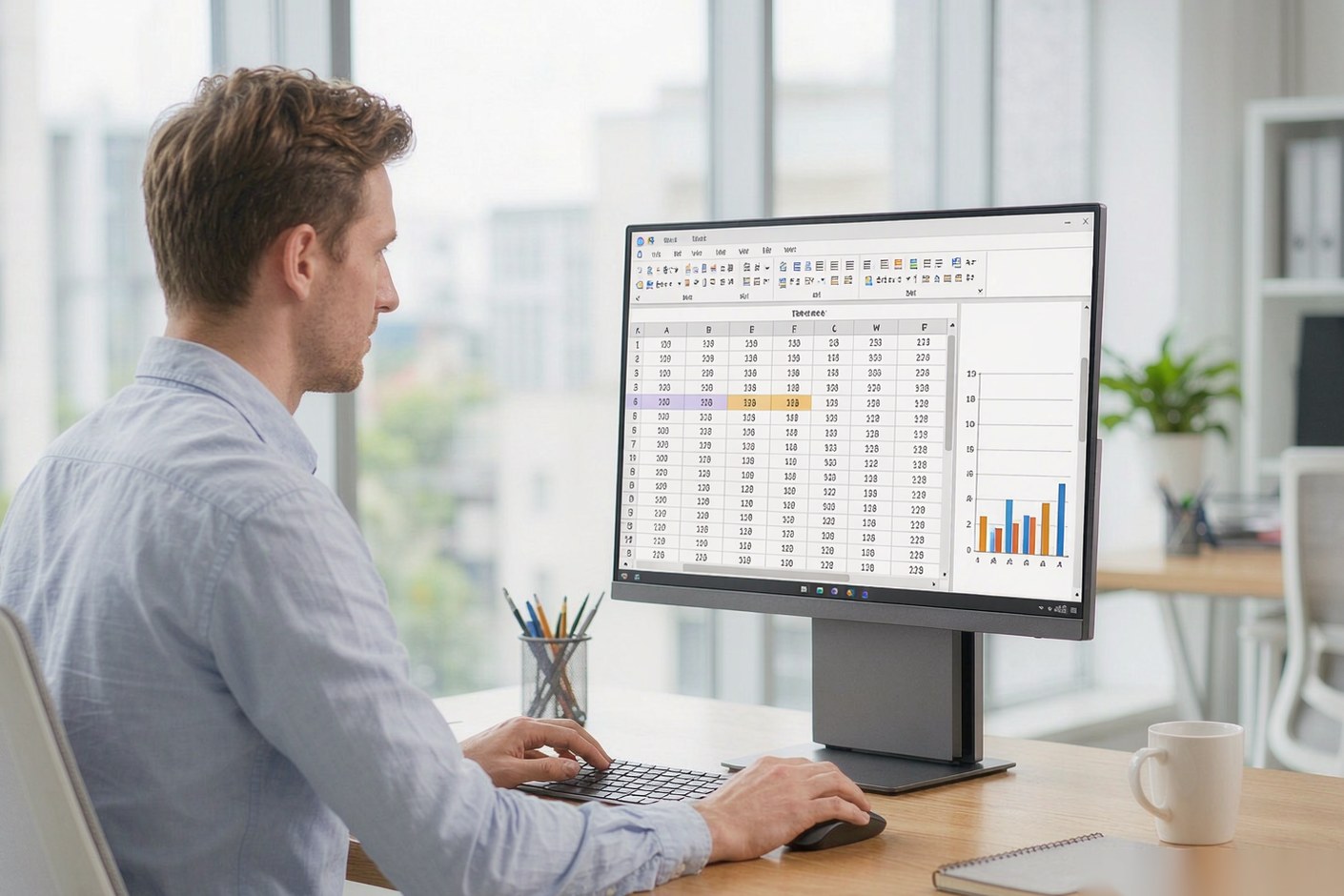 European professional working on a space-saving all-in-one PC showing an office spreadsheet with charts, in a modern bright office