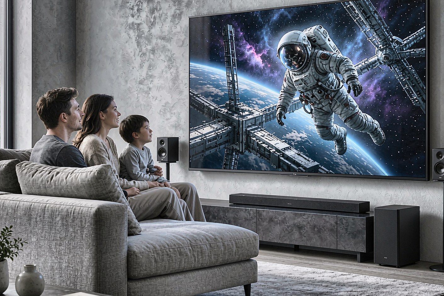Family watching a cinematic sci-fi space blockbuster on a premium Google Smart TV with a soundbar, wireless subwoofer and surround speakers in a modern industrial-style living room